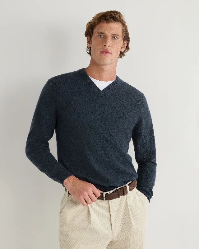 men's wool hoodies-Men's Burlington V Neck Cashmere Sweater Caviar Blue