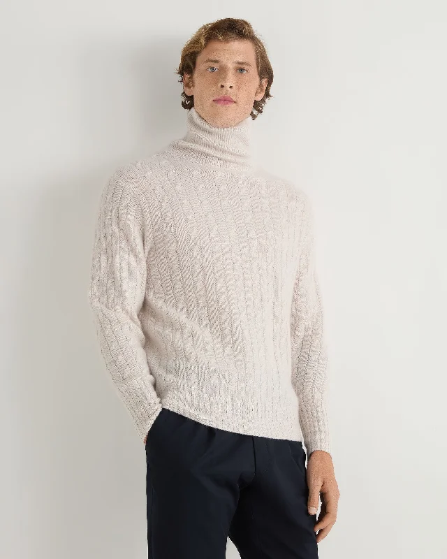 men's cotton sweaters-Men's Berwick Cable Turtle Neck Cashmere Sweater Frost White