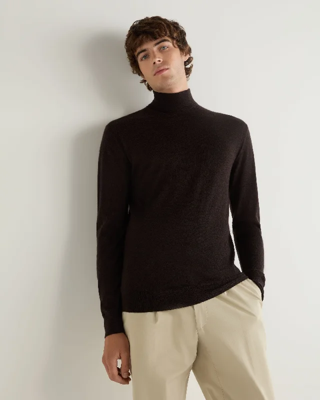 men's wool sweaters-Men's Fine Gauge Cashmere Turtle Neck Sweater Chocolate Brown