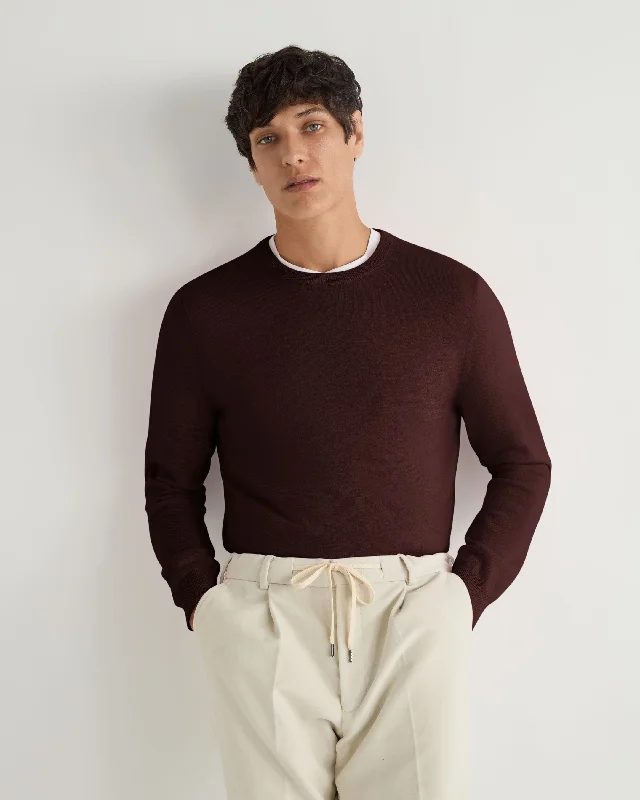 men's performance polos-Men's Oxford Round Neck Cashmere Sweater Claret Red