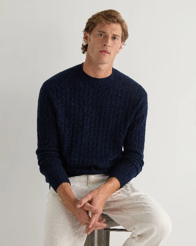 men's wool tees-Men's Thames Cable Round Neck Cashmere Sweater Navy Blue Melange