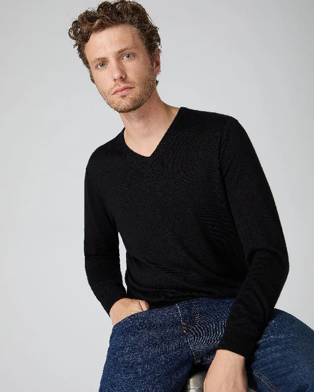 men's classic shorts-Men's Conduit Fine Gauge Cashmere V Neck Sweater Black