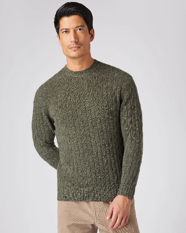 men's checkered jackets-Men's Thames Cable Round Neck Cashmere Sweater Moss Green