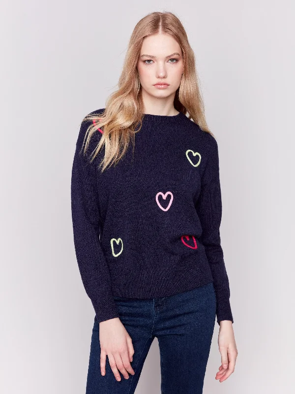 men's leather sweaters-Sweater with Embroidered Hearts - Navy