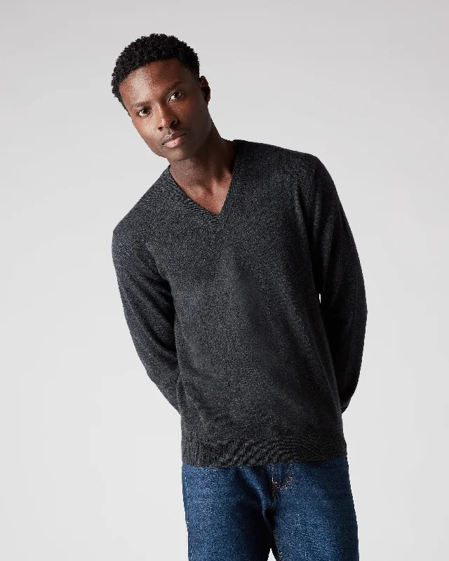 men's basketball shoes-Men's Burlington V Neck Cashmere Sweater Dark Charcoal Grey