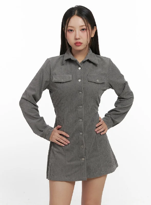 men's plaid trousers-Solid Buttoned Corduroy Mini Dress CN415