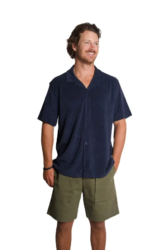 men's casual sweaters-Terry Cabana Short Sleeve Button Down