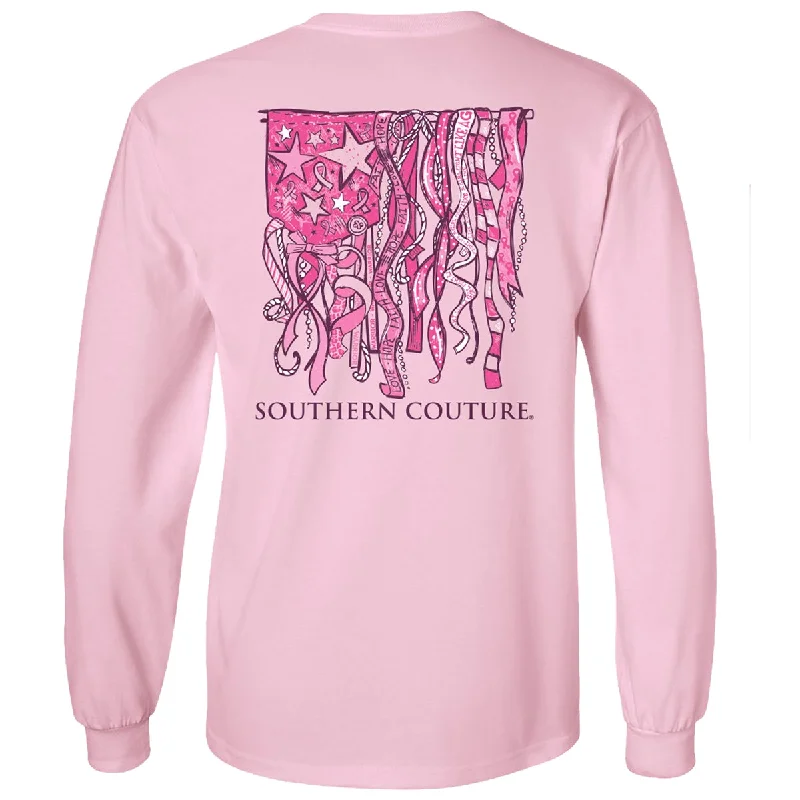 men's athletic tees-Southern Couture Classic Breast Cancer Ribbon Flag Long Sleeve T-Shirt