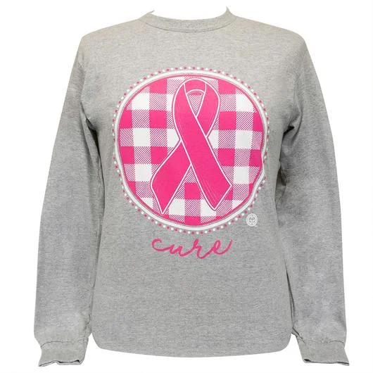 men's fleece jackets-Girlie Girl Originals Cure Ribbon Plaid Cancer Long Sleeve T-Shirt