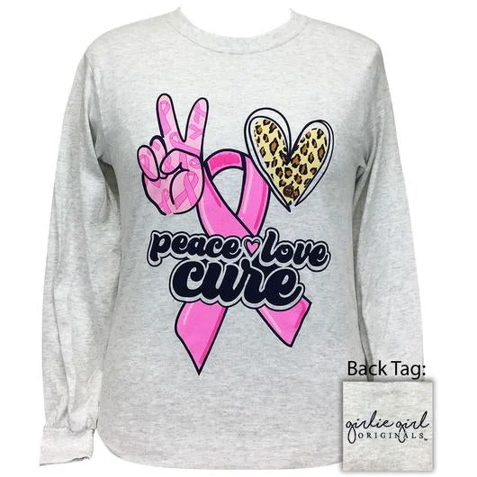 men's athletic shorts-Girlie Girl Originals Peace Love Cure Breast Cancer Leopard Long Sleeves T Shirt