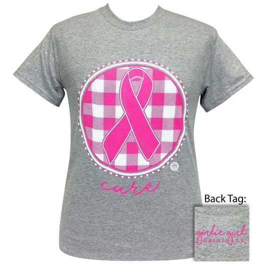 men's denim trousers-Girlie Girl Originals Preppy Cancer Cure Ribbon Plaid T-Shirt