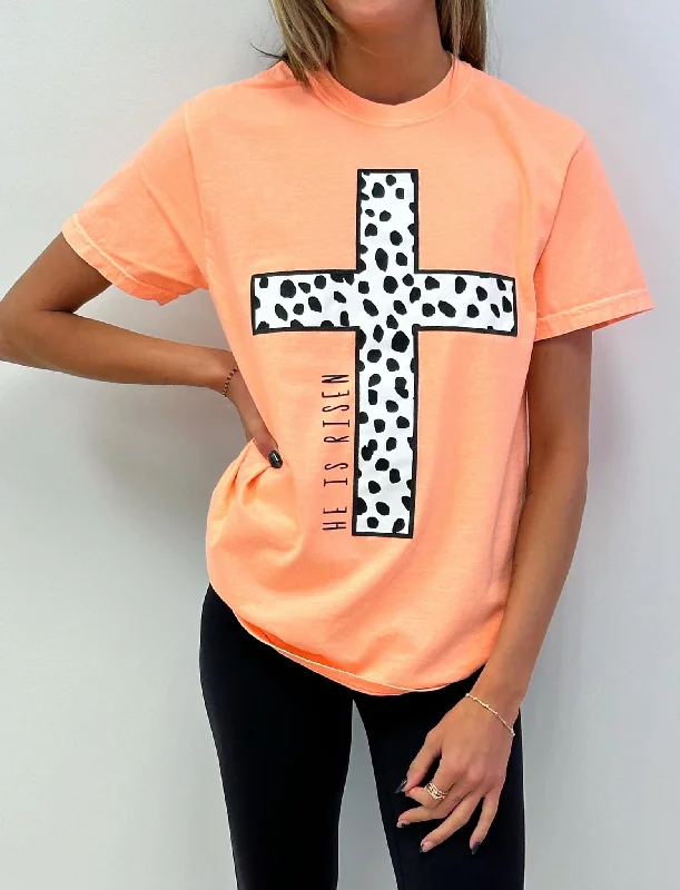 men's softshell tees-He Is Risen Dotted Cross Tee