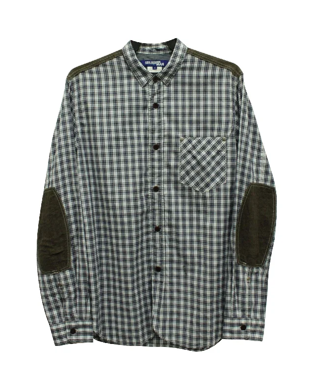 men's tailored vests-Junya Watanabe Comme des Garçons Plaid Shirt with Elbow Patch in Blue Cotton