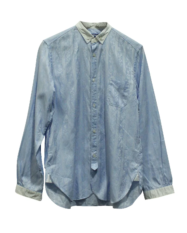 men's tailored suits-Junya Watanabe Floral Patterned Long Sleeve Shirt in Blue Cotton