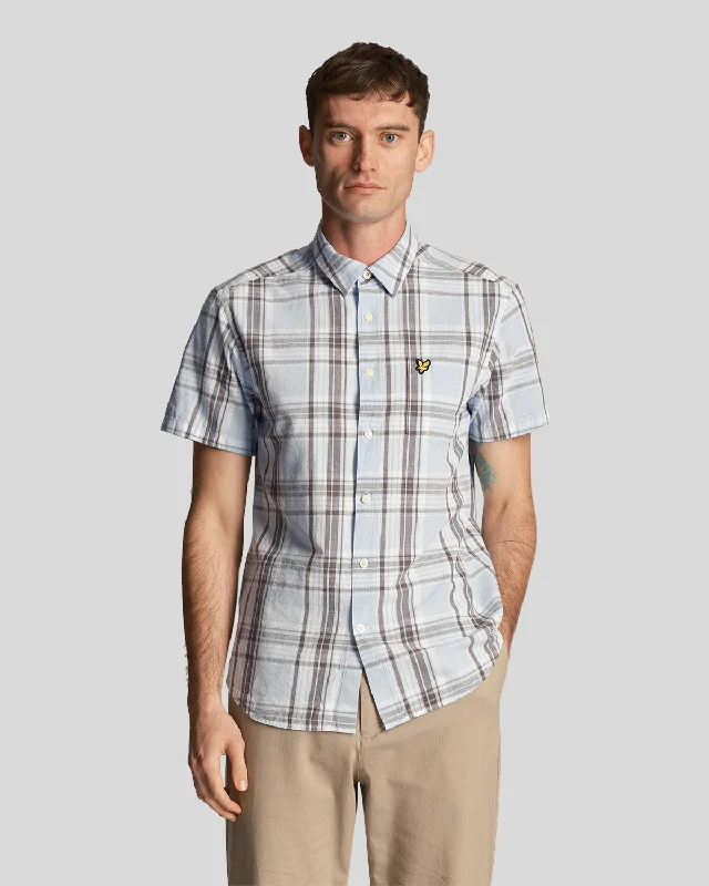 men's v-neck sweaters-Linen Check Short Sleeve Shirt