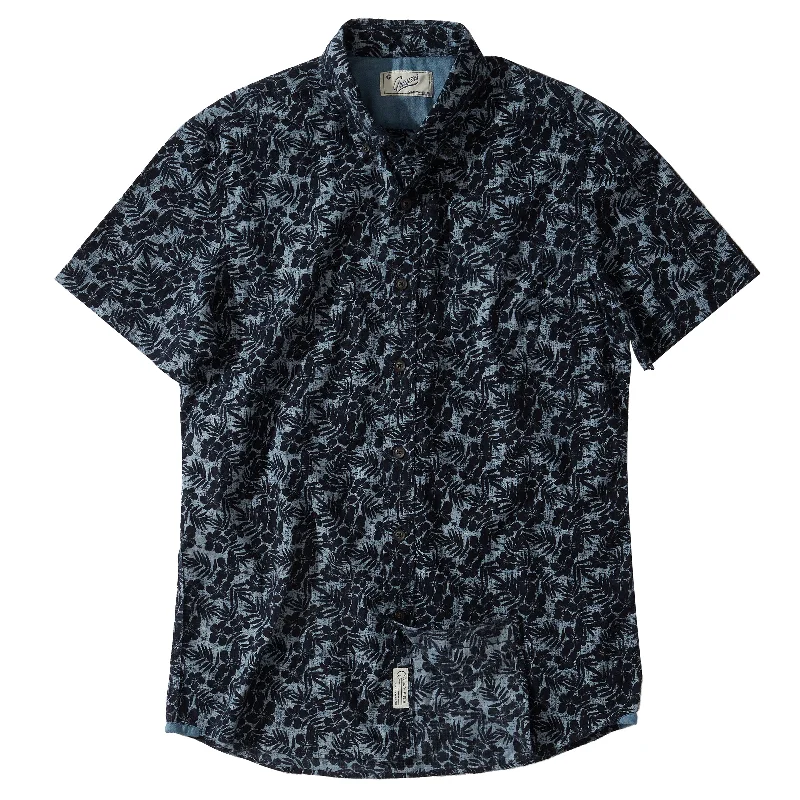 men's checkered blazers-Navy Floral Printed Chambray Short Sleeve Shirt - Navy Floral