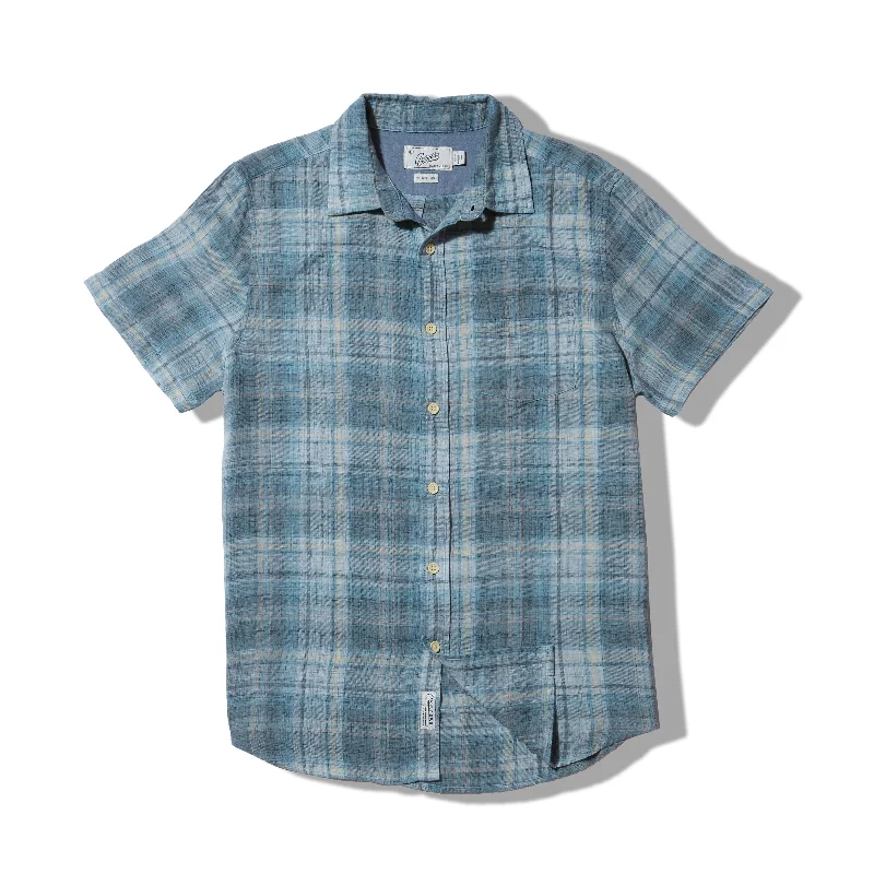 men's thermal tees-Madras Power Loom Twill Short Sleeve Shirt - Blue Tones