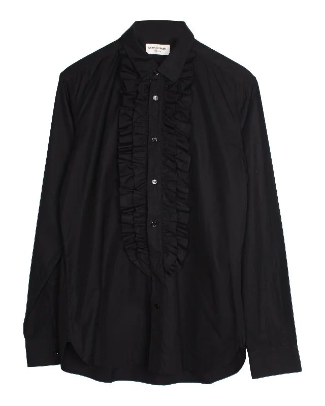 men's puffer jackets-Saint Laurent Paris Ruffled Shirt in Black Silk