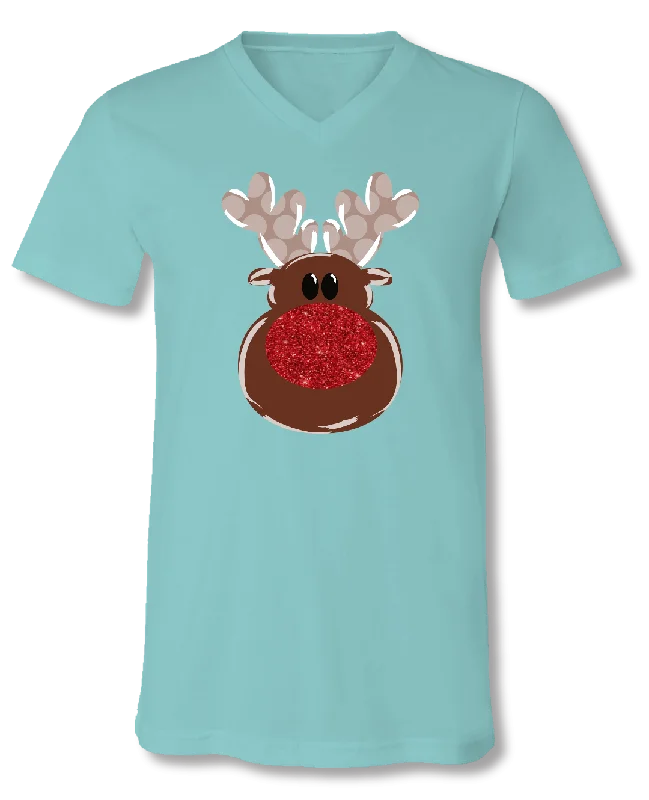 men's striped vests-SALE Sassy Frass Holiday Glitter Nose Reindeer Christmas V-Neck Bright Girlie T Shirt