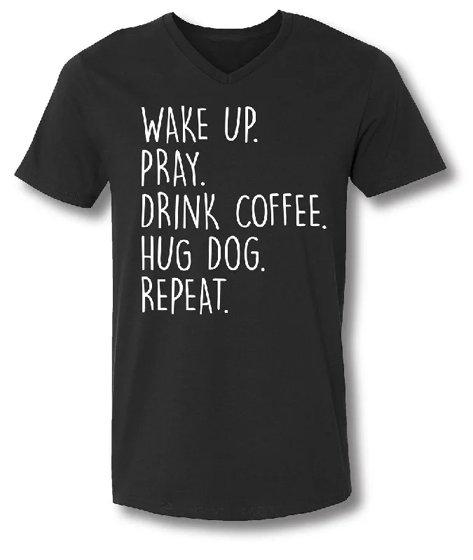 men's twill shorts-SALE Sassy Frass Wake Up Pray Drink Coffee Hug Dog Repeat Bella Canvas V-Neck Bright Girlie T Shirt