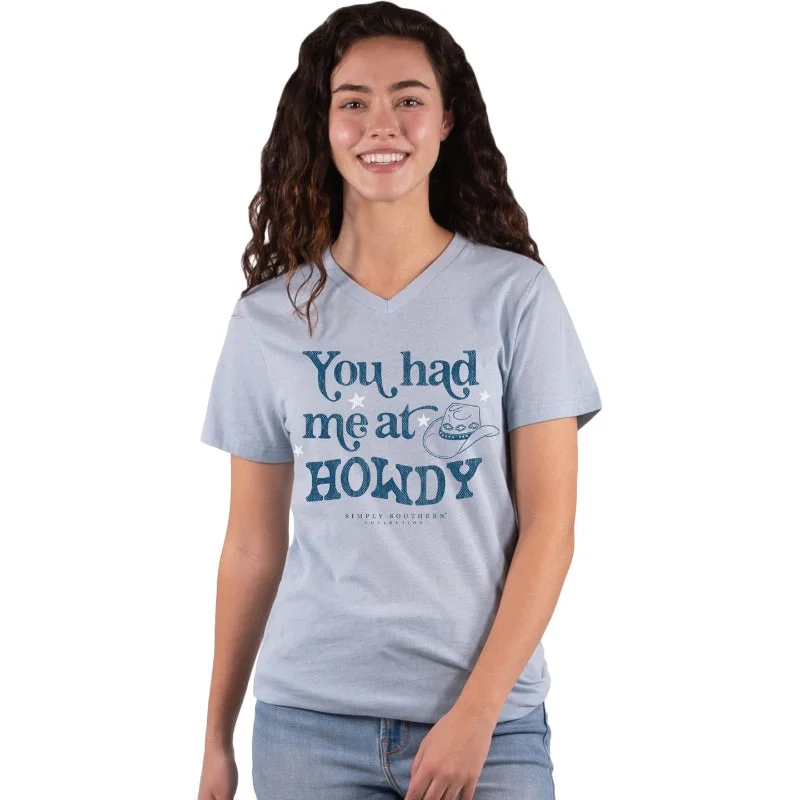 men's slim hoodies-SALE Simply Southern Howdy Cowgirl V-Neck Collection T-Shirt