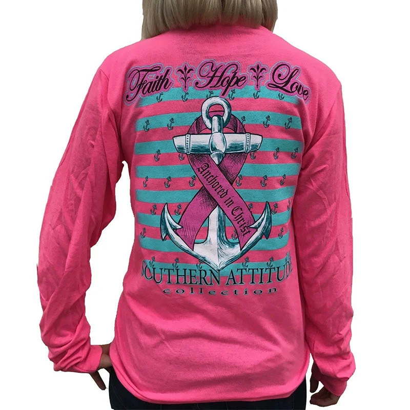 men's twill blazers-Southern Attitude Faith Hope Anchor Breast Cancer Pink Long Sleeve T-Shirt