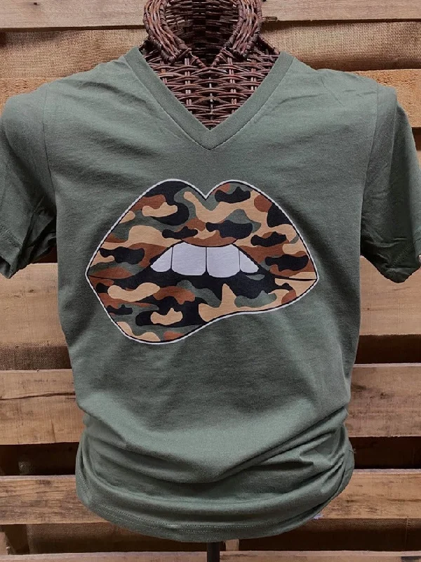 men's hiking vests-Southern Chics Apparel Camo Biting Lip V-Neck Canvas Bright T Shirt