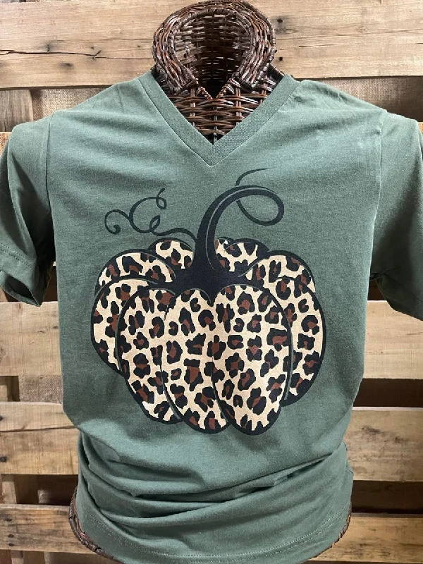 men's denim polos-Southern Chics Apparel Leopard Pumpkin Canvas V-Neck T-Shirt