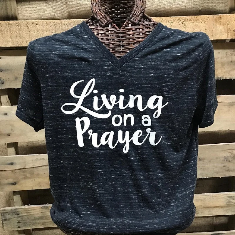 men's striped sweaters-Southern Chics Apparel Living On a Prayer V-Neck Canvas Girlie Bright T Shirt