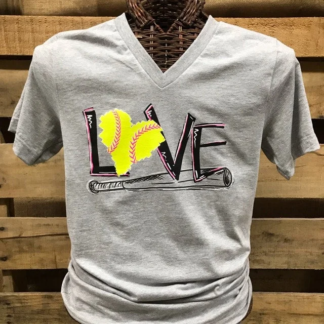 men's white vests-Southern Chics Apparel Love Softball Canvas Girlie V-Neck Bright T Shirt