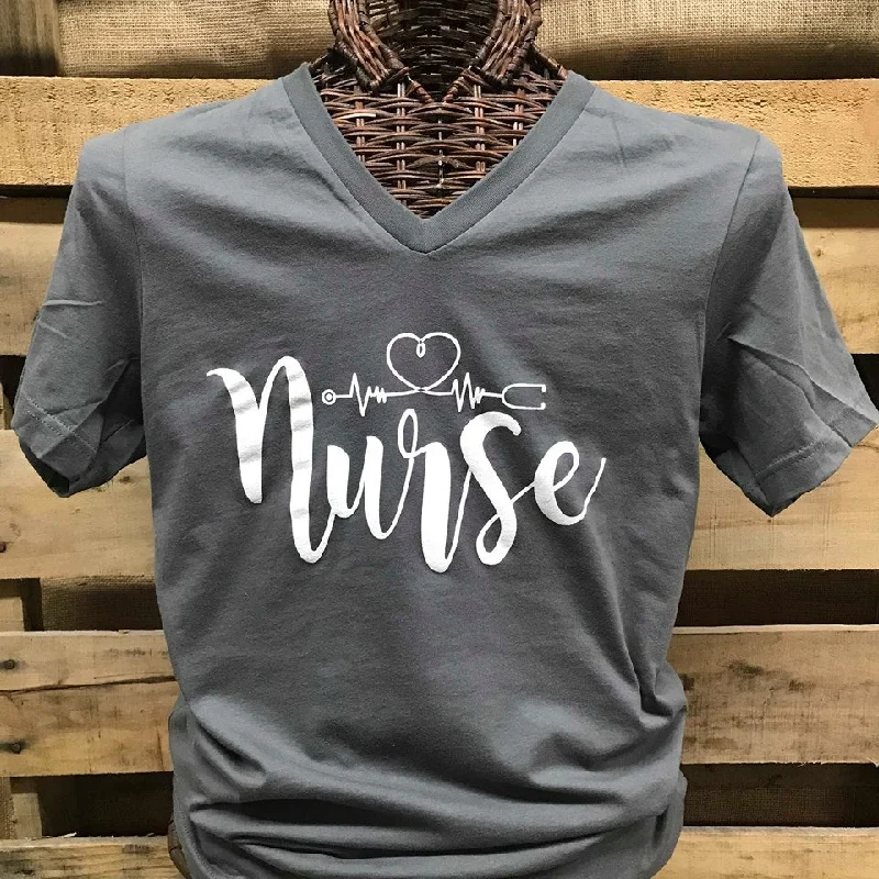 men's twill vests-Southern Chics Apparel Nurse Nursing Heartbeat V-Neck Canvas T Shirt