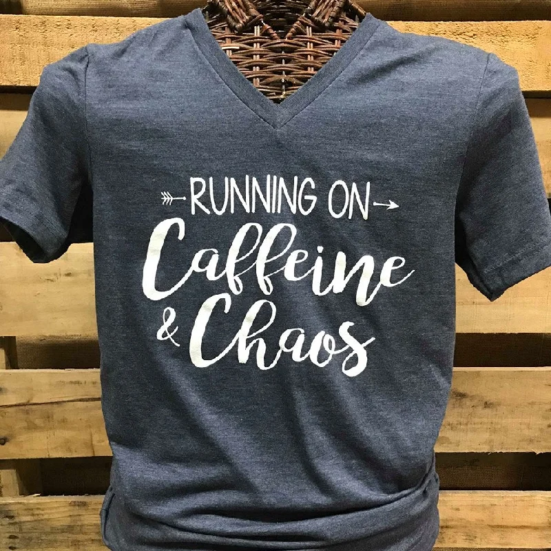 men's flannel shirts-Southern Chics Apparel Running on Caffeine & Chaos Arrow  Canvas Girlie V-Neck Bright T Shirt