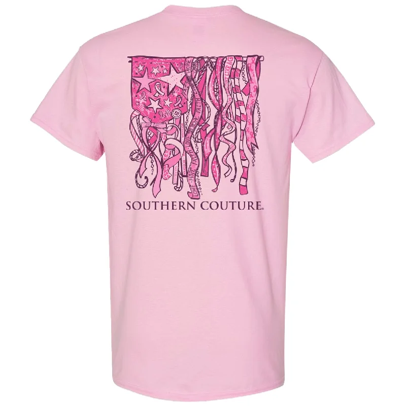 men's twill tees-Southern Couture Classic Breast Cancer Ribbon Flag T-Shirt