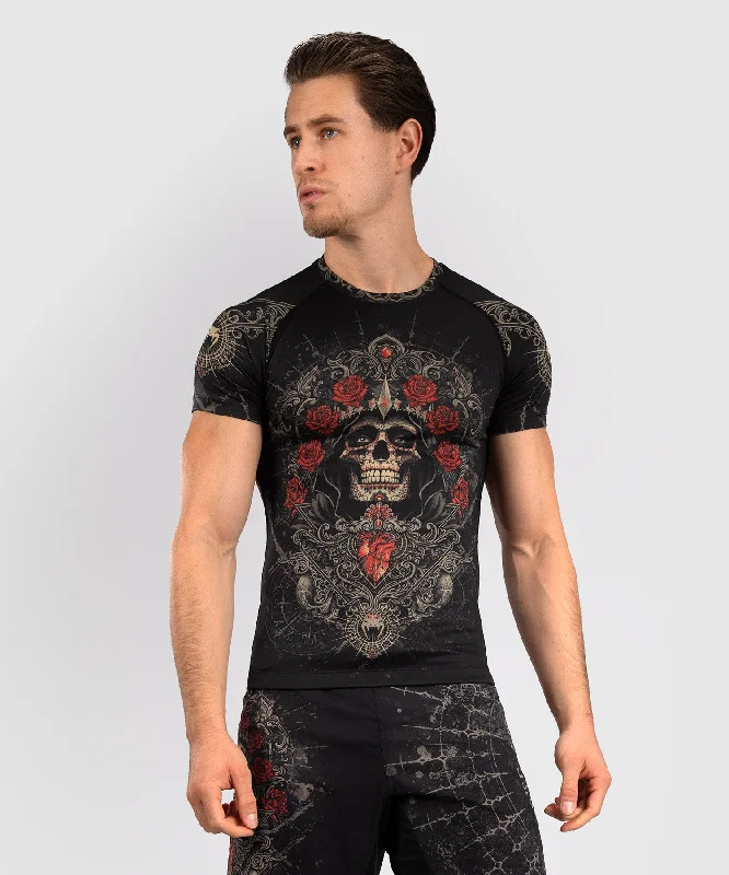 men's lightweight polos-Venum Santa Muerte 5.0 Men’s Short Sleeve Rashguard - Deep Black/Gold