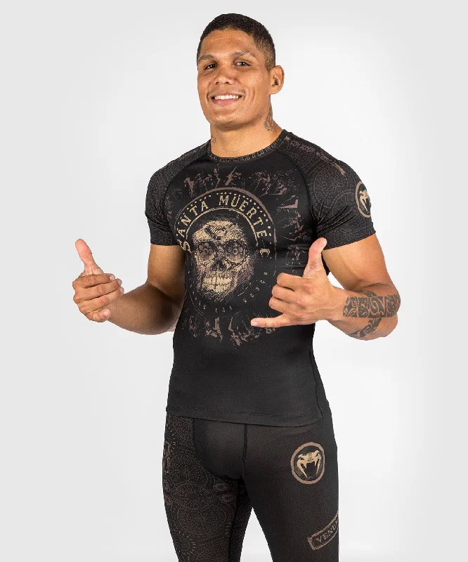 men's henley shirts-Venum Santa Muerte Dark Side - Rashguard Short Sleeves - Black/Brown