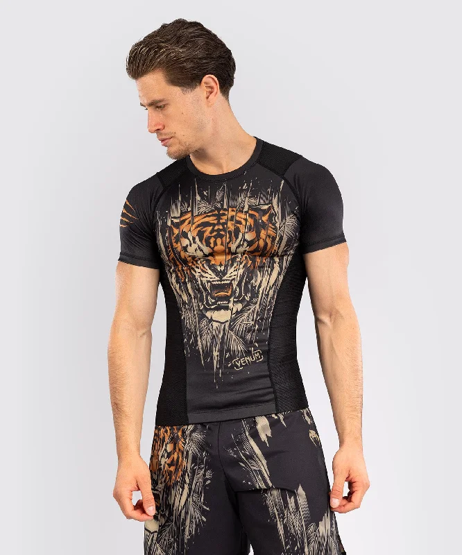 men's cotton shorts-Venum Tiger Men's Short Sleeve Rashguard - Black/Neon Orange