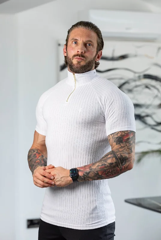 men's white dress shirts-Father Sons Classic White / Gold Ribbed Zip Funnel Neck Raglan Short Sleeve Crew - FSH1266