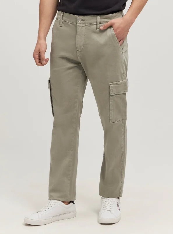 men's linen trousers-Khaki Sateen Coated Cargo Pants