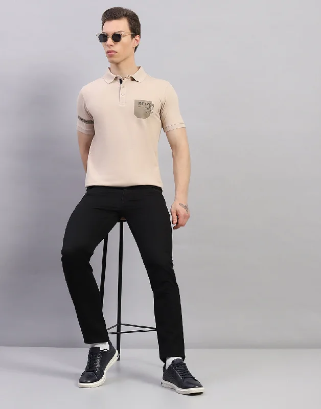 men's casual sweaters-Men Beige Solid Polo Collar Half Sleeve T-Shirt