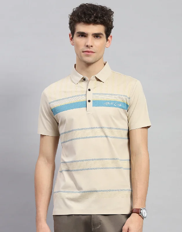 men's performance jackets-Men Beige Stripe Polo Collar Half Sleeve T-Shirt