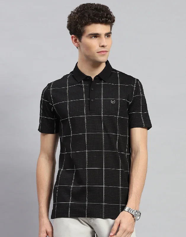 men's denim shorts-Men Black Check Polo Collar Half Sleeve T-Shirt