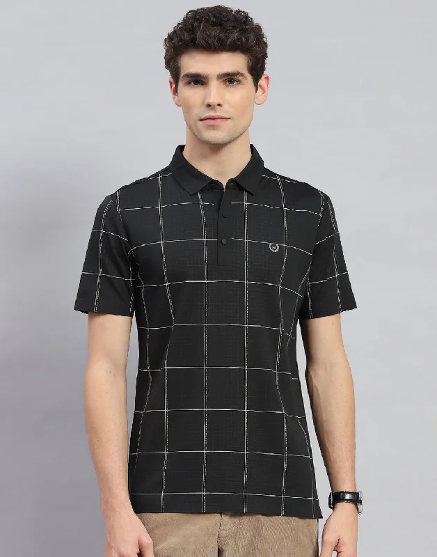 men's casual jackets-Men Black Check Polo Collar Half Sleeve T-Shirt