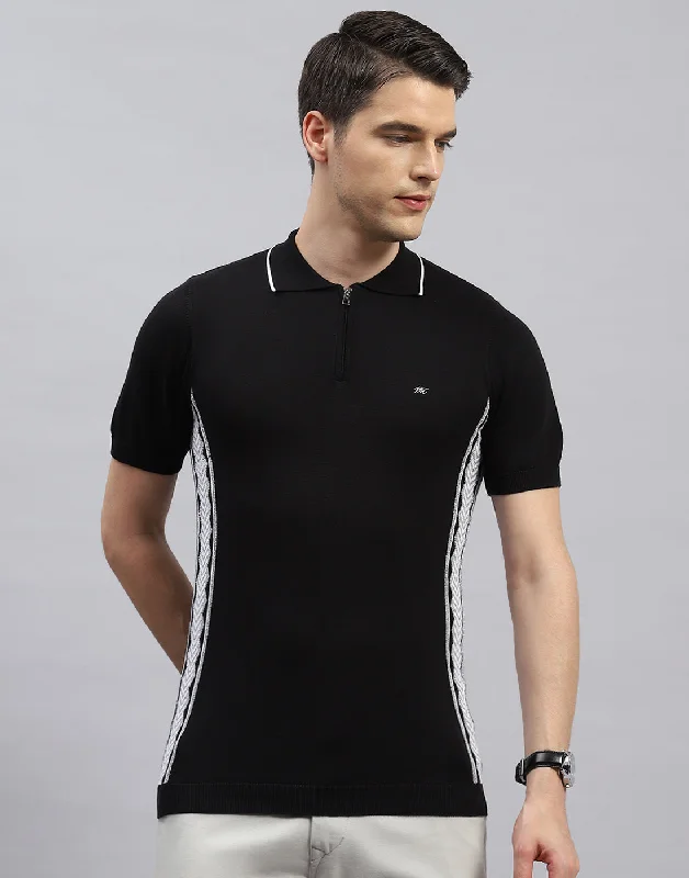 men's slim sweaters-Men Black Printed Polo Collar Half Sleeve T-Shirt