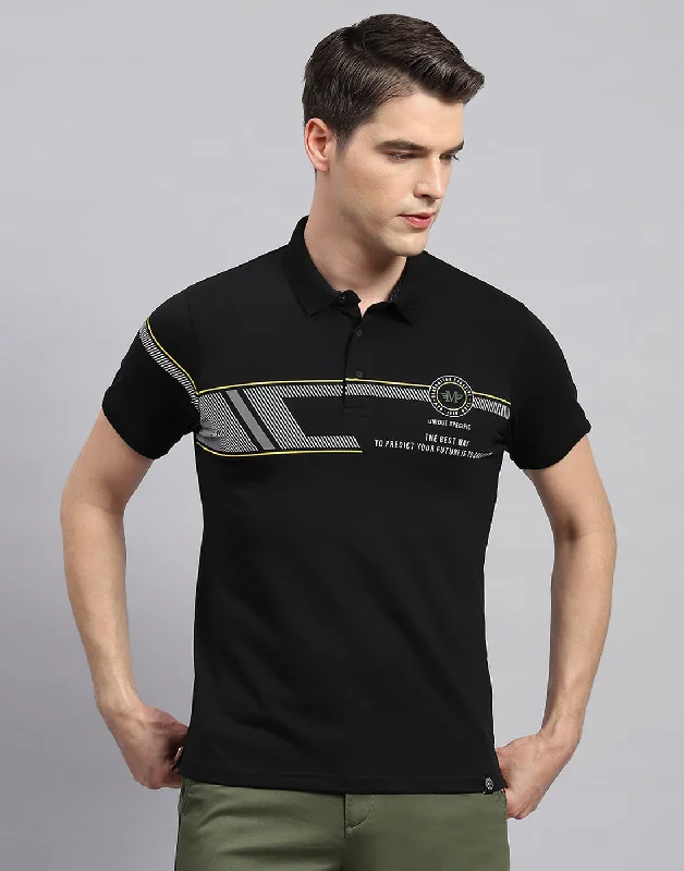 men's white jackets-Men Black Printed Polo Collar Half Sleeve T-Shirt