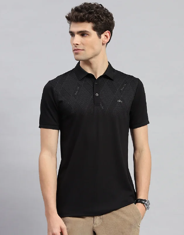 men's casual shorts-Men Black Printed Polo Collar Half Sleeve T-Shirt