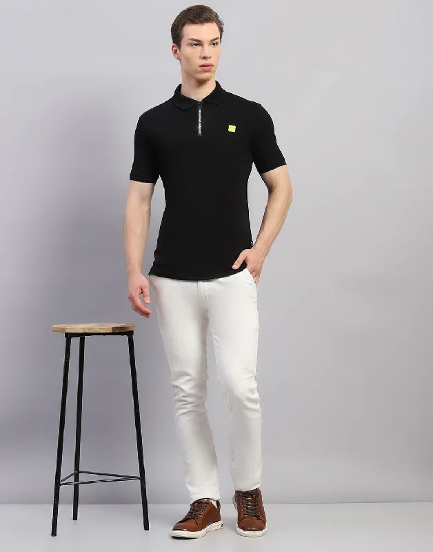 men's leather polos-Men Black Solid Polo Collar Half Sleeve T-Shirt