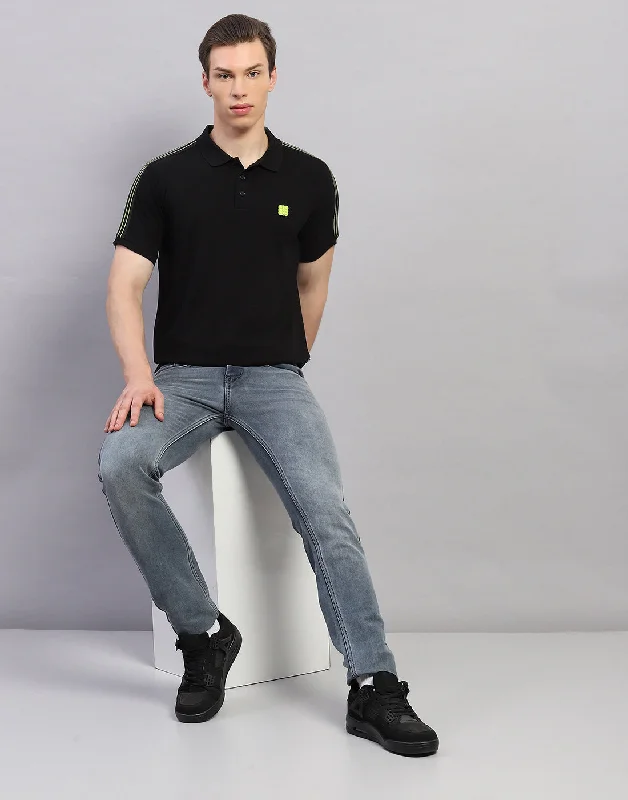 men's denim polos-Men Black Solid Polo Collar Half Sleeve T-Shirt