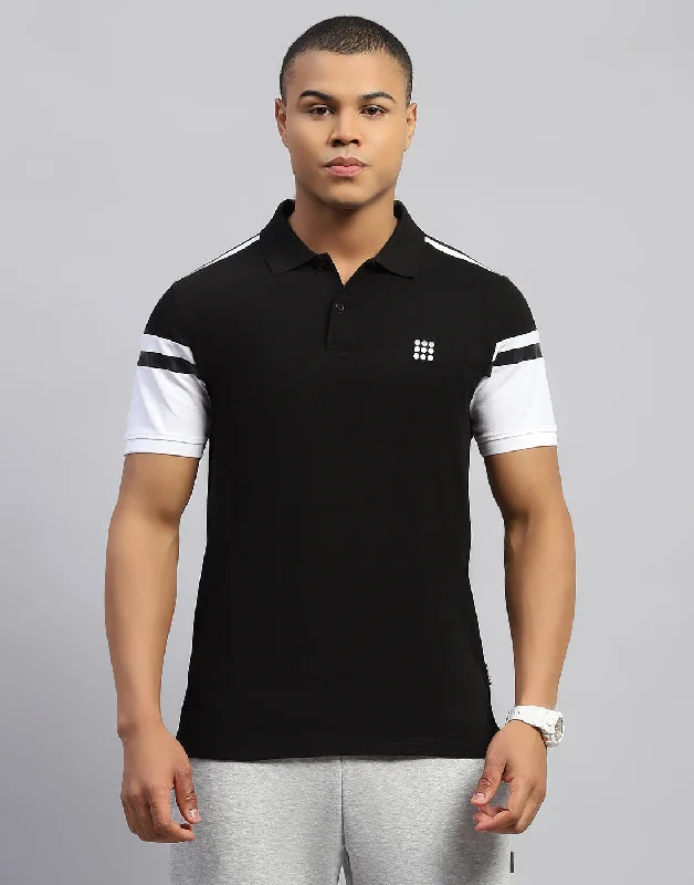 men's performance hoodies-Men Black Solid Polo Collar Half Sleeve T-Shirt