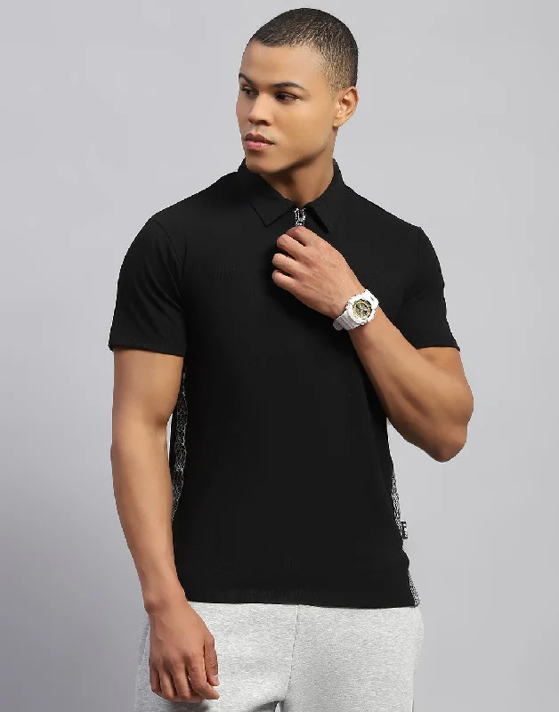 men's denim tees-Men Black Solid Polo Collar Half Sleeve T-Shirt