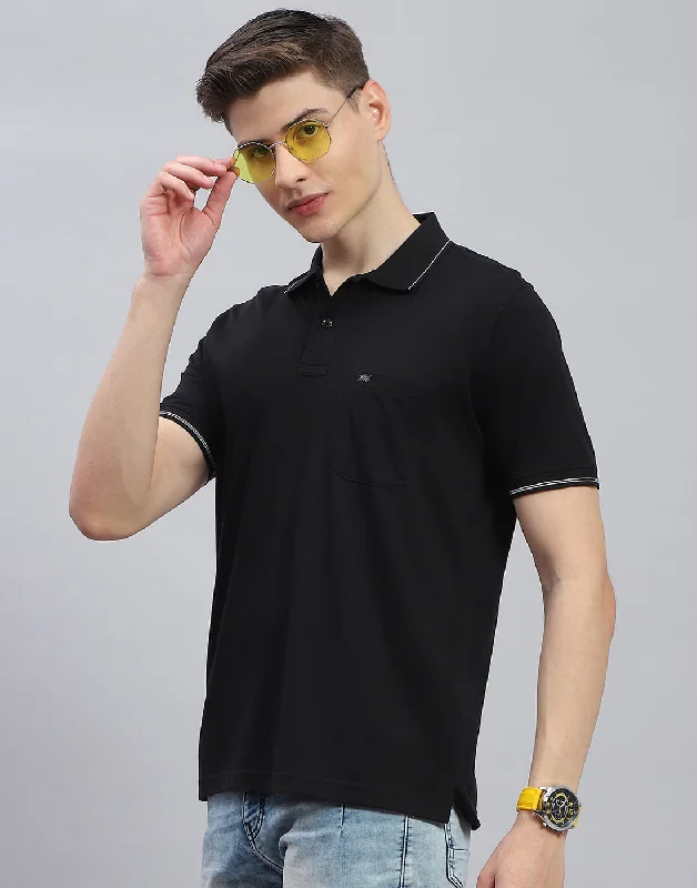 men's corduroy pants-Men Black Solid Polo Collar Half Sleeve T-Shirt